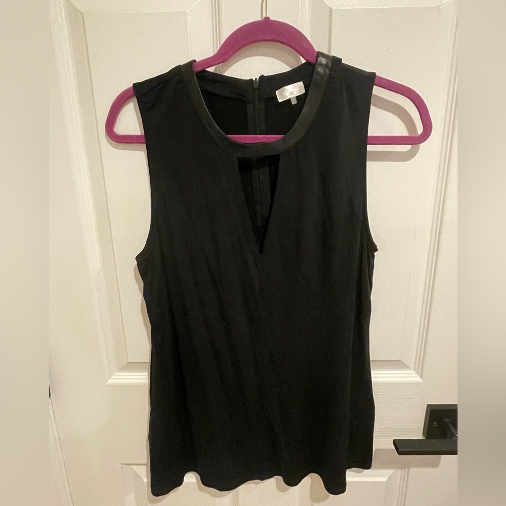 Ecru Key Hole Neckline, back zip tank with leather trim neckline